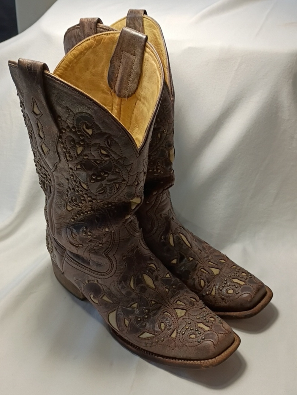 Corral Vintage Jessica Western Cowgirl Boots Brown Inlay Leather Studs Size 10